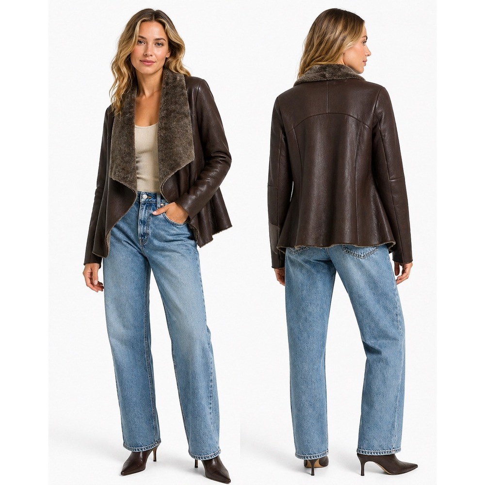 Vince Shearling Jacket Womens Size M‎ Brown Lambskin Leather Draped Luxury Coat